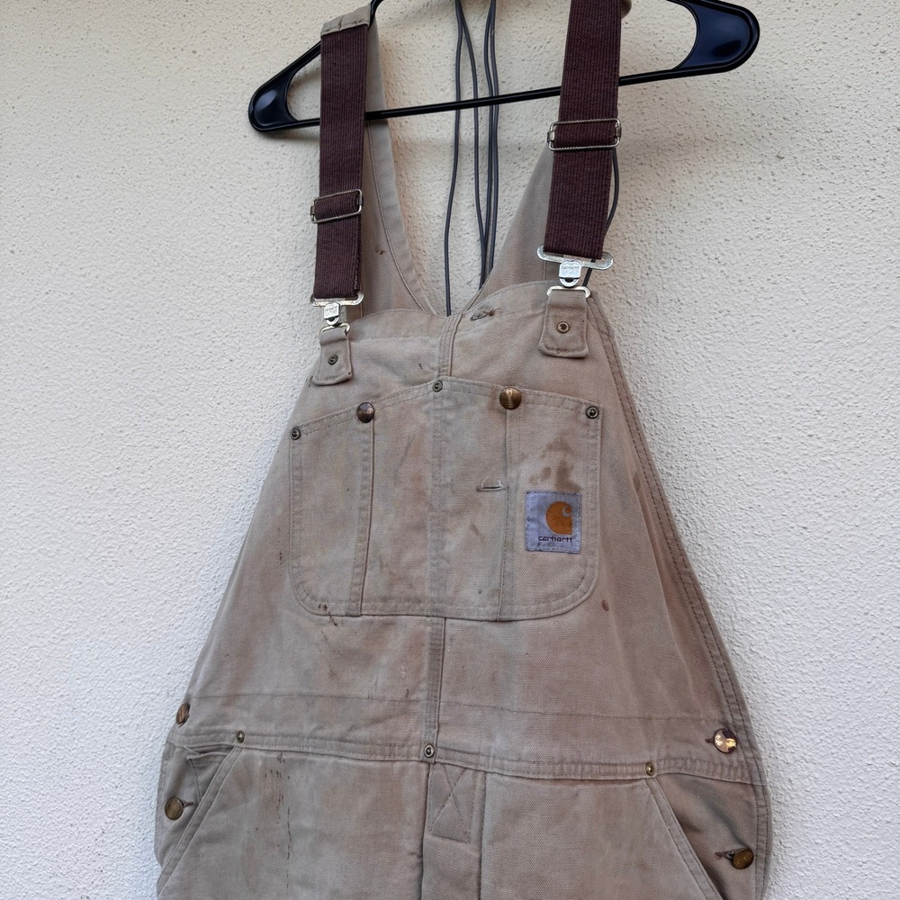 Carhartt Mens Distressed Quilt Lined Duck Canvas Bib Overalls Tan R02 40x29 - Picture 2 of 11